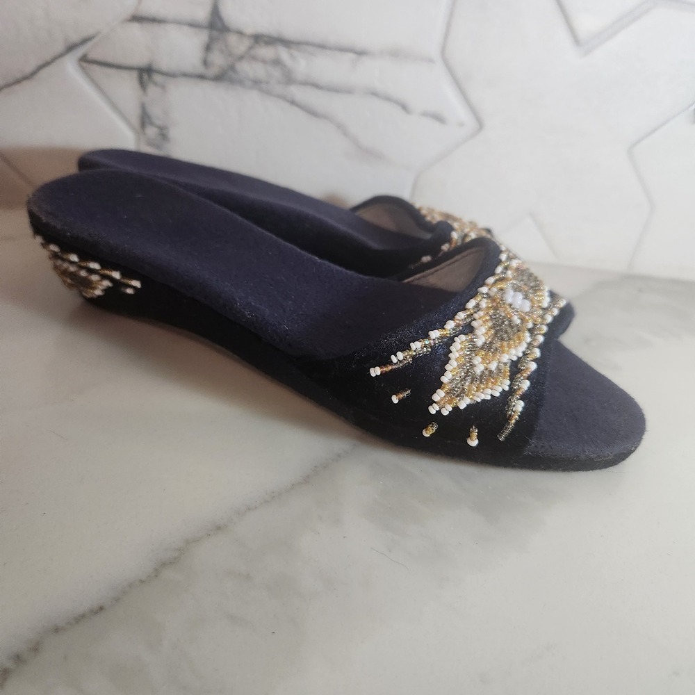 Navy Velvet Beaded Slide Sandals Low Wedge Gold White Floral‎ Heeled Mules